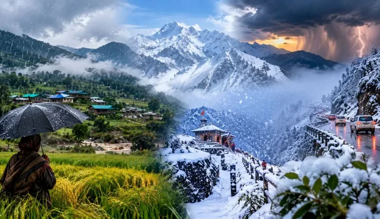 Snowfall and changing weather conditions in the high-altitude mountainous regions of Uttarakhand